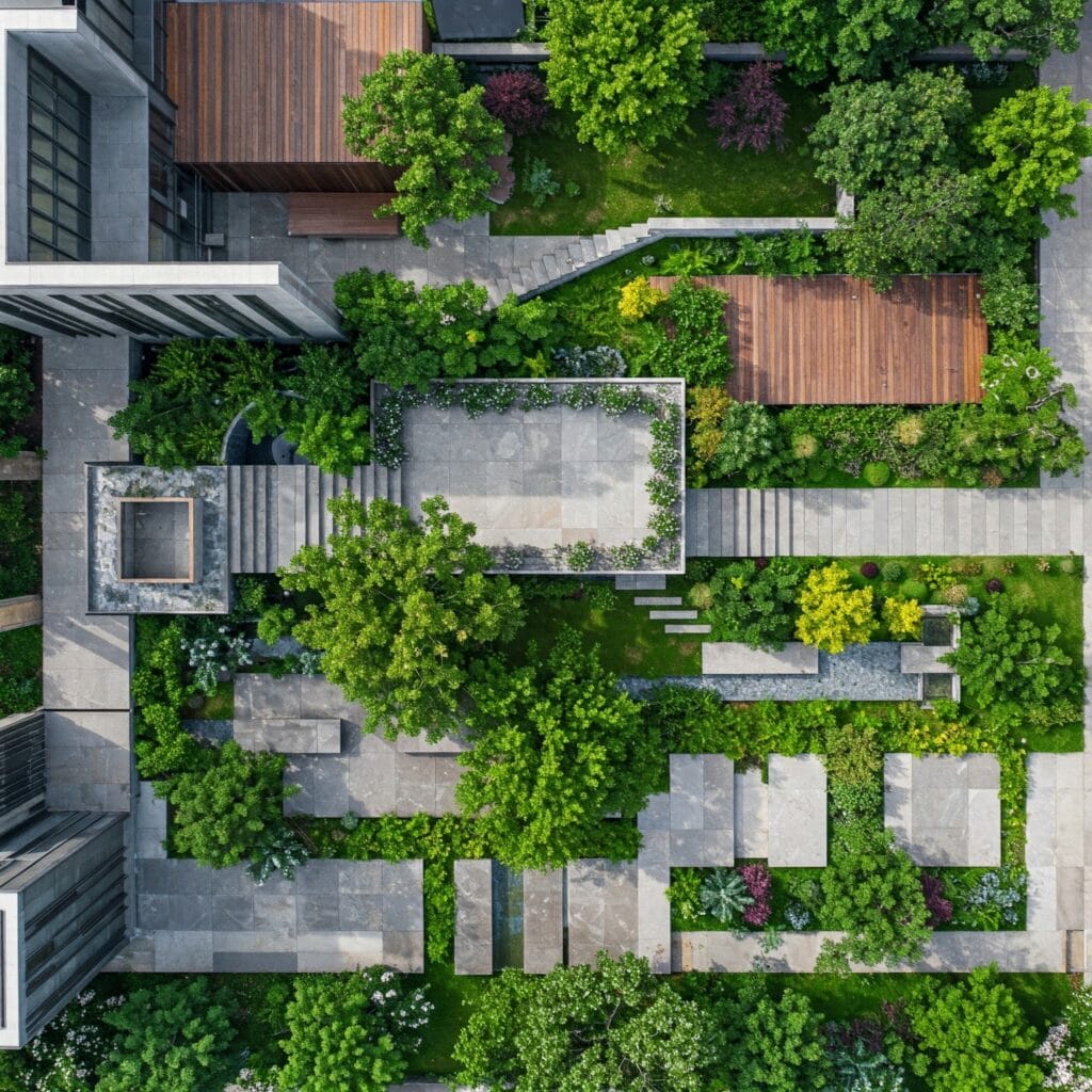 Paisajismo en un Jardín interior con zonas de ocio que combina arquitectura y vegetación