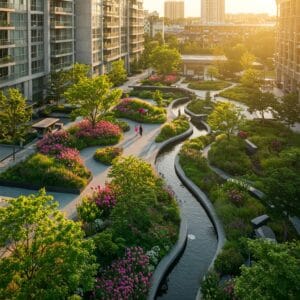 25_Blog 5 jardín con zonas de agua y bancos para descansar en una urbanización entre edificios.