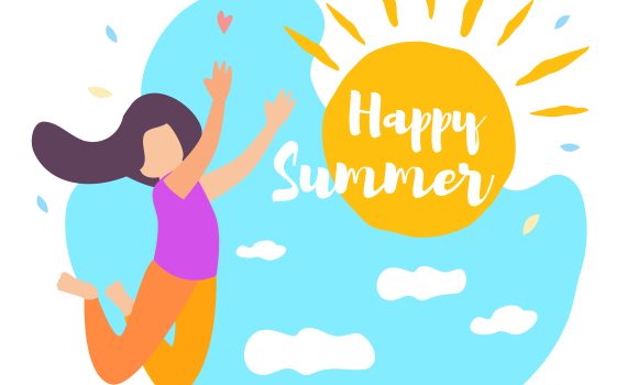 Happy Summer Girl Jump. Sun Shine, Blue Sky, Cloud Summertime Vector Illustration. Cartoon Child Outdoor. Vacation Season, Resort Tourism, Travel, Warm Weather, Nature Relax. Hello Summer Lettering