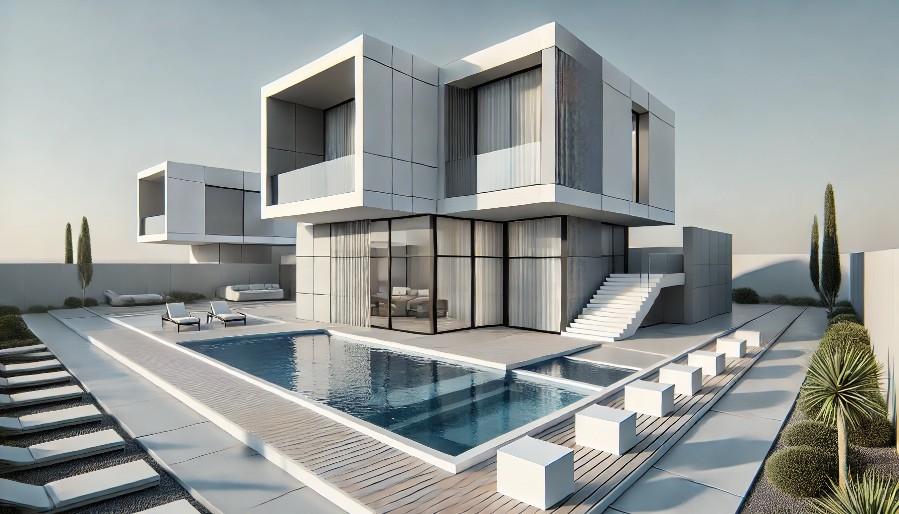 Render 3d de vivienda unifamiliar en duplex con piscina concepto minimalista