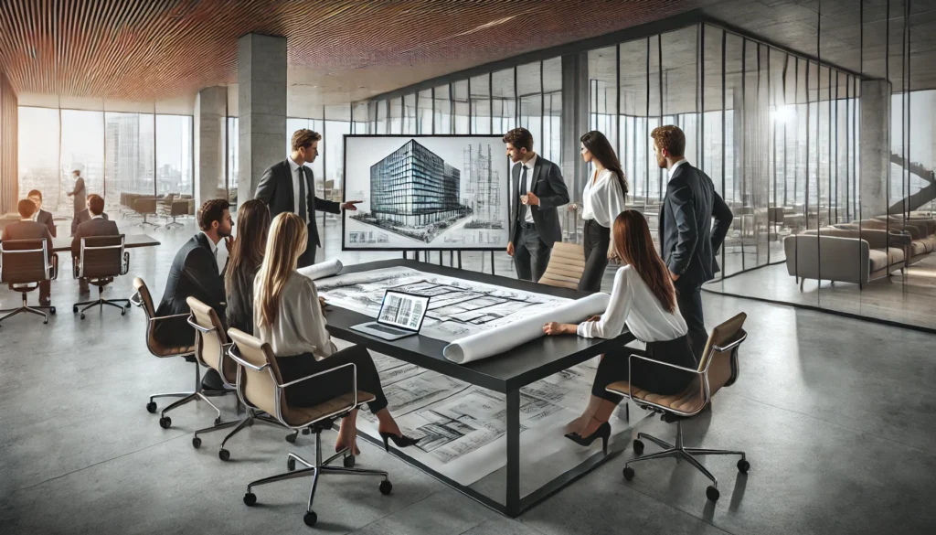 Reunión de empresa alrededor de una mesa con planos de arquitectura