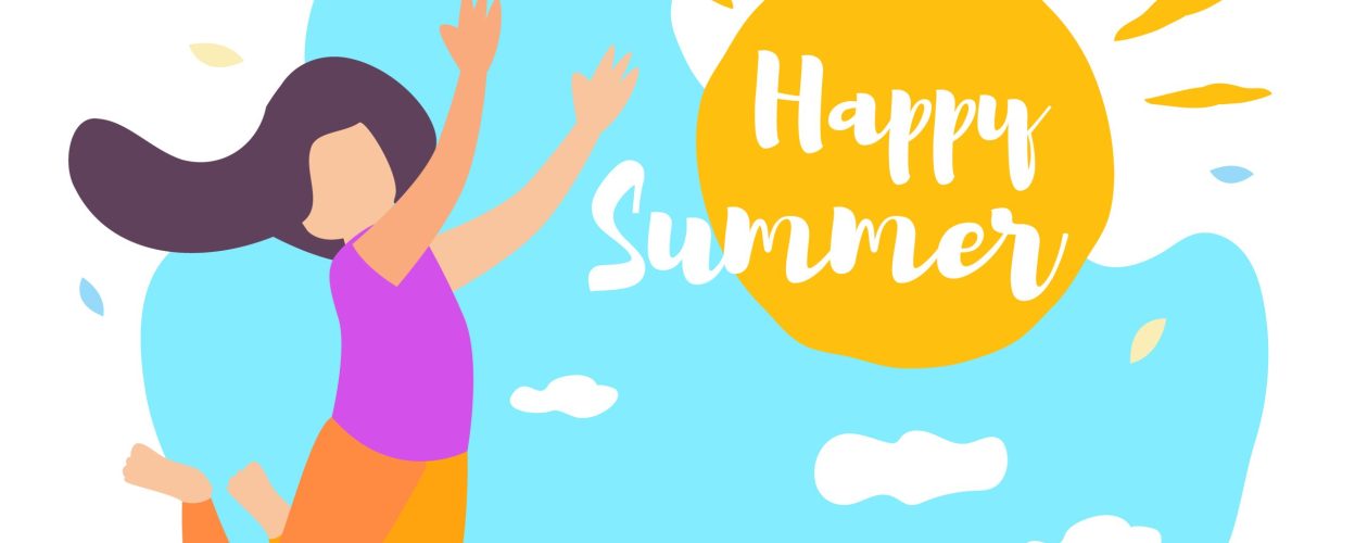 Happy Summer Girl Jump. Sun Shine, Blue Sky, Cloud Summertime Vector Illustration. Cartoon Child Outdoor. Vacation Season, Resort Tourism, Travel, Warm Weather, Nature Relax. Hello Summer Lettering