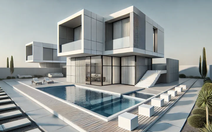 Render 3d de vivienda unifamiliar en duplex con piscina concepto minimalista