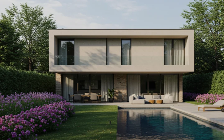 Casa moderna de dos plantas con terraza hacia piscian y balcón volado en forma rectangular.