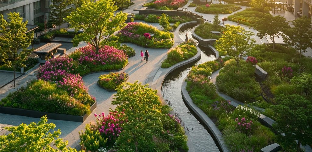 jardín con zonas de agua y bancos para descansar en una urbanización entre edificios.