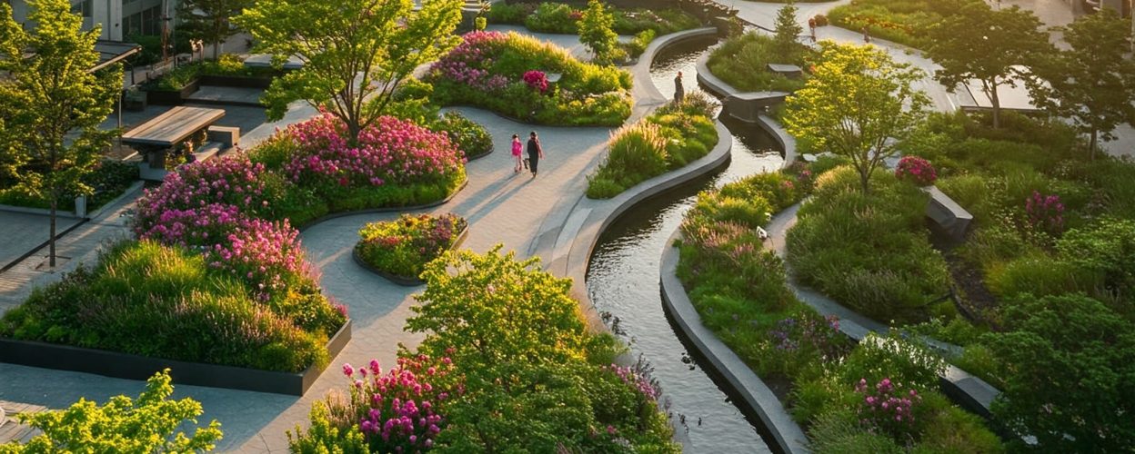 jardín con zonas de agua y bancos para descansar en una urbanización entre edificios.