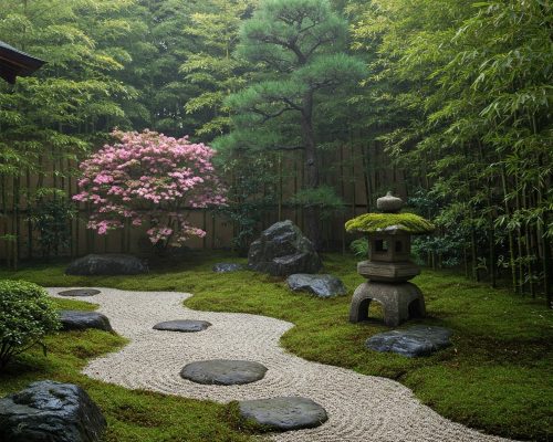 Jardín ZEN, donde se muestra un camino y una fuente rodeada de vegetación