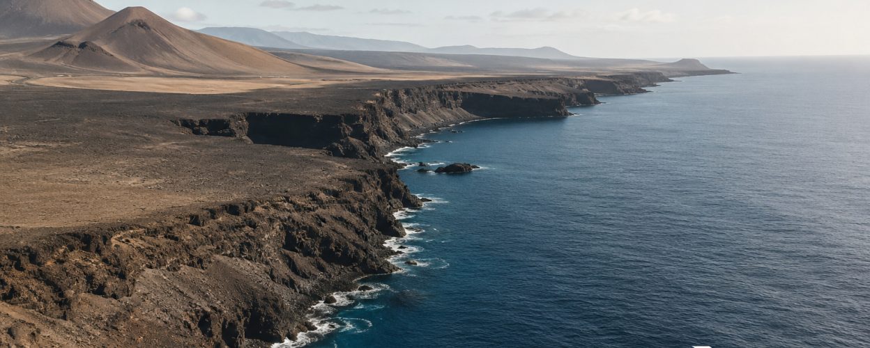 Vista de una costa con acantilados y tierra volcanica.